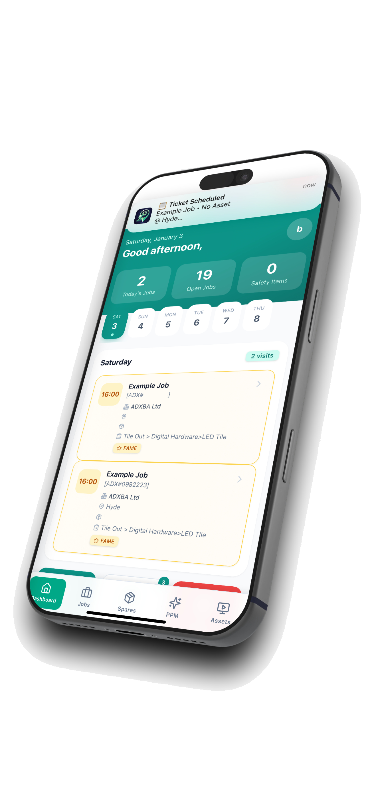 UnityField app dashboard showing today's jobs, open jobs and the week schedule