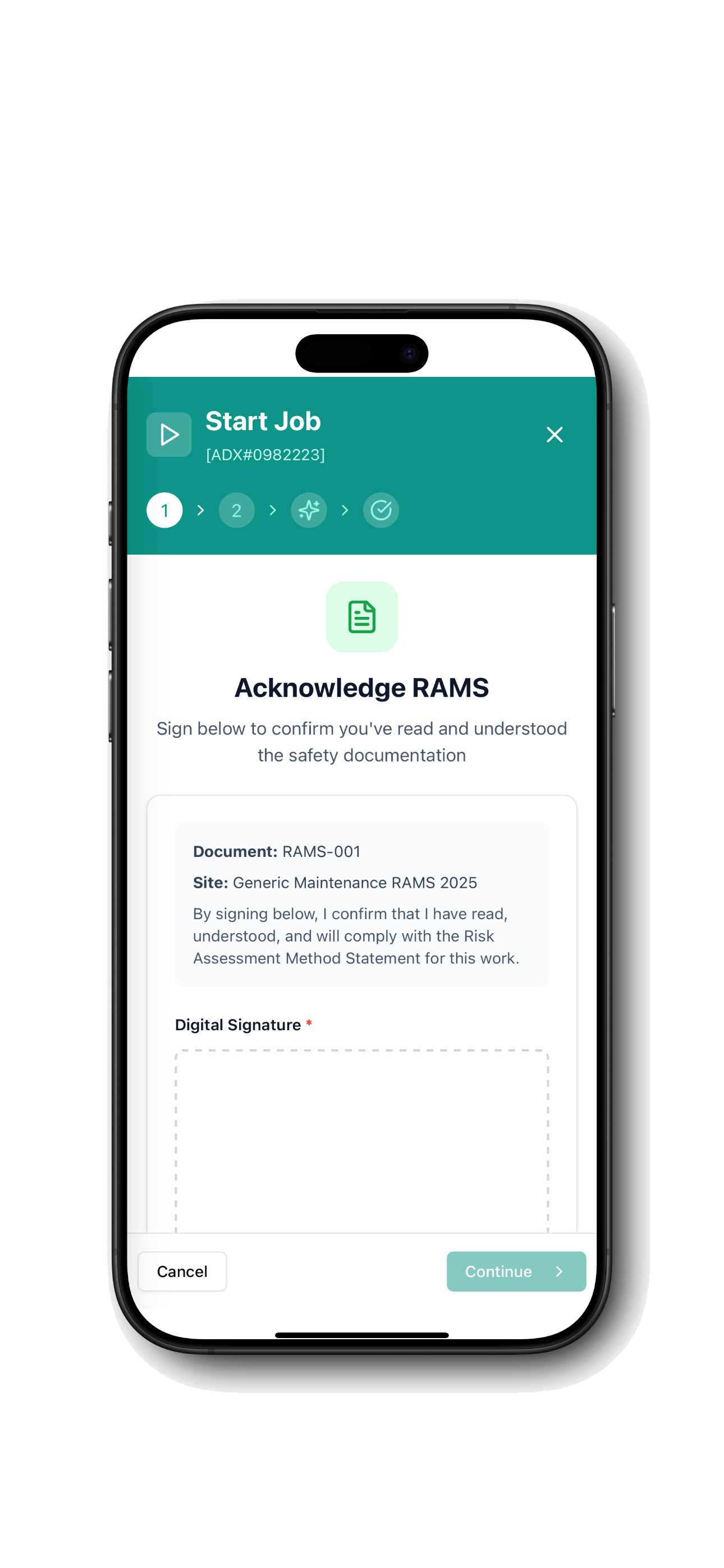 UnityField app RAMS acknowledgement with digital signature on job start