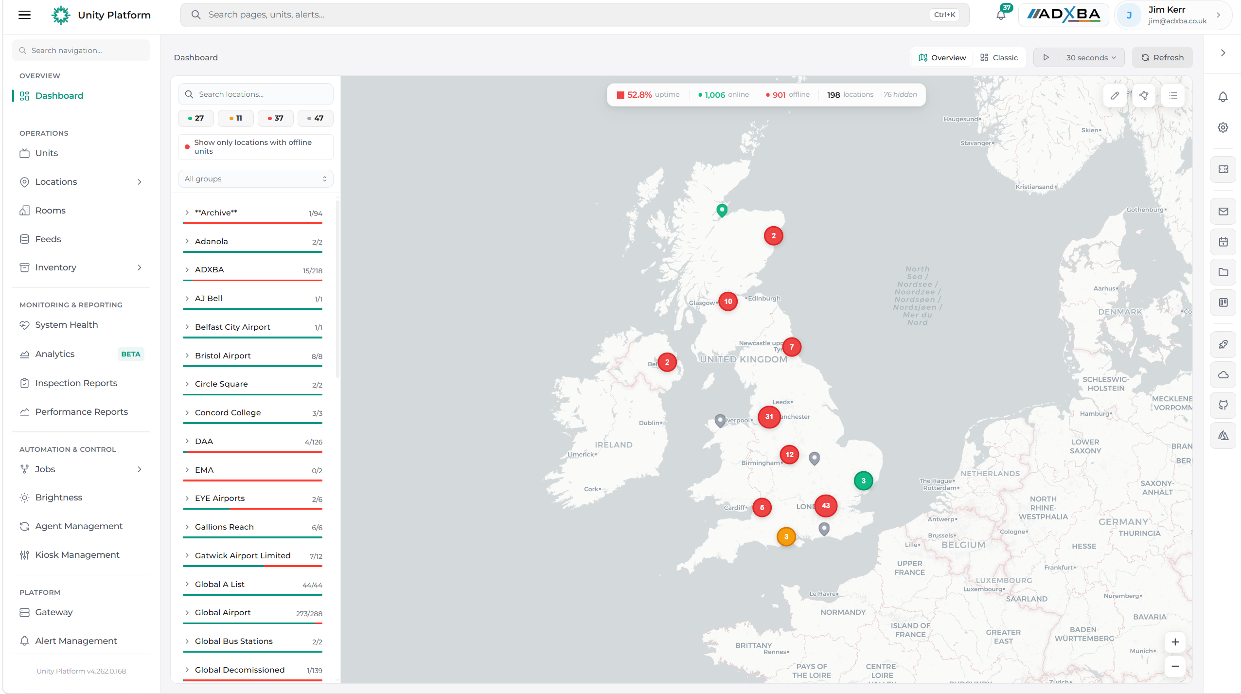 Unity Platform dashboard — UK estate map with colour-coded location pins