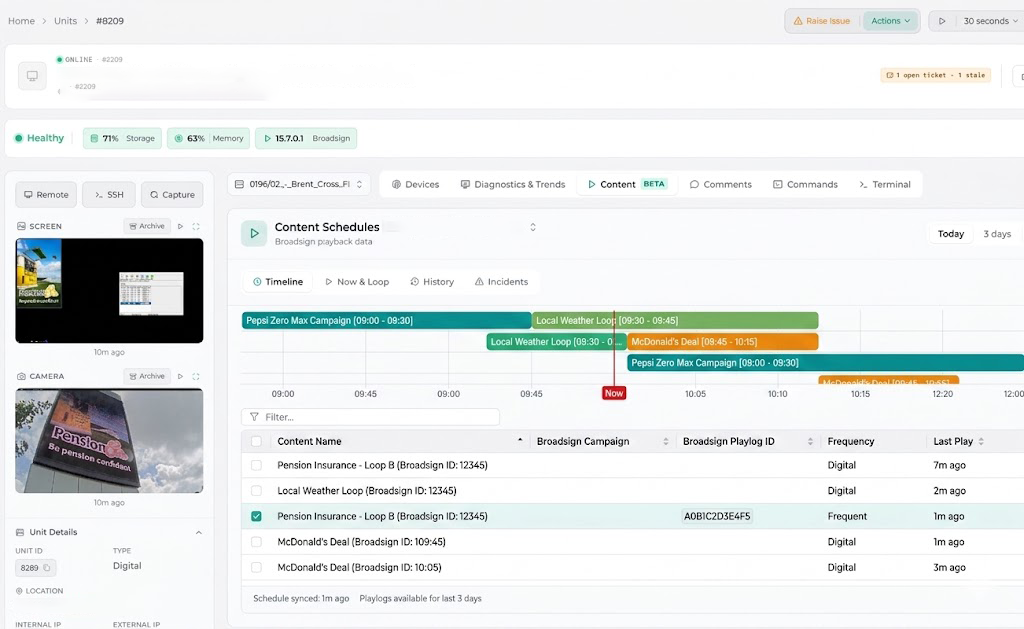 Content schedule paired with live screen capture